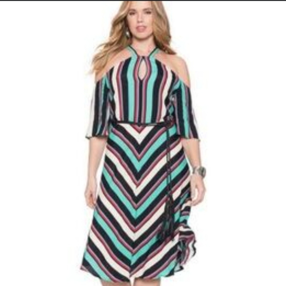 Eloqui Cold Shoulder Dress with Vibrant Stripes